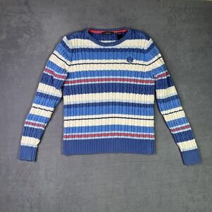 VTG Liz Claiborne Sweater M Blue Striped Cotton Crown Wreath Crest Old Money